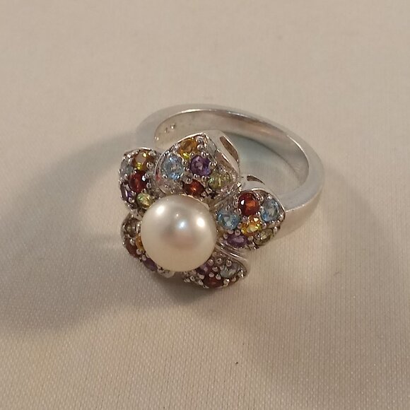 925 Silver Cherry Blossom Flower Pearl Diamond Zircon Ring Gorgeous Gift - Picture 6 of 8